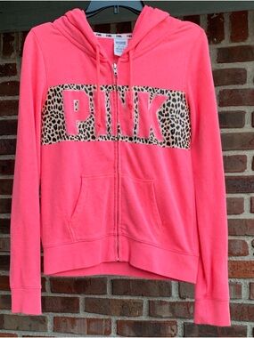 RARE PINK Cheetah Panel Zip-Up Hoodie - Neon Coral Pink